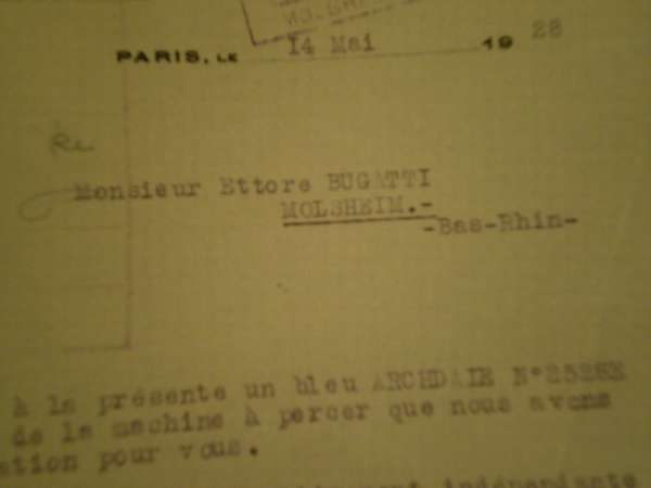 Parigi 14 maggio 1928 intestato a Monsieur Ettore BUGATTI - MOLSHEIM