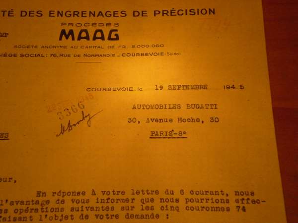 19 Sept 1945 - AUTOMOBILES BUGATTI - Avenue Hoche, 30 PARIS